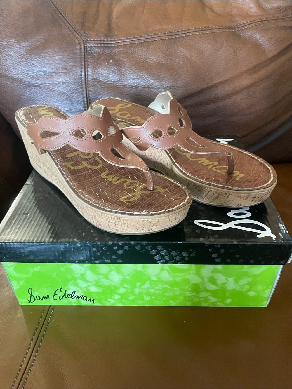 Sam Edelman Tan Leather Cutout Cork Wedge Sandals